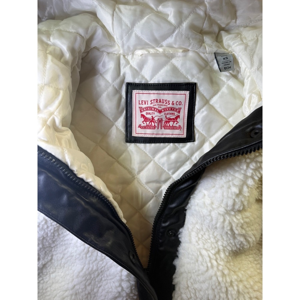 Levi's Sherpa Hooded Long Coat Women XS Cream Faux Leather Trim LW2RS136 - Picture 10 of 14